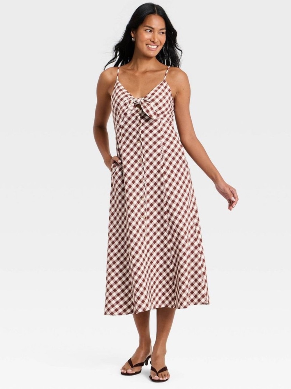 A New Day Women's Sleeveless Bow-Front Midi A-Line Dress Brown Gingham